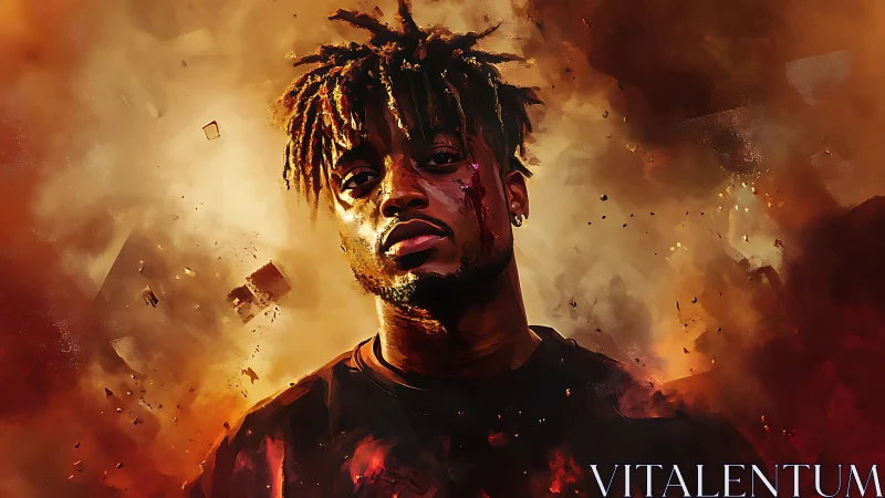 Portrait of a defiant man in cinematic fiery digital painting