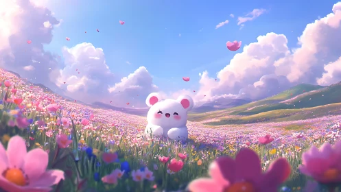 White cartoon bear in expansive flower meadow under sky.