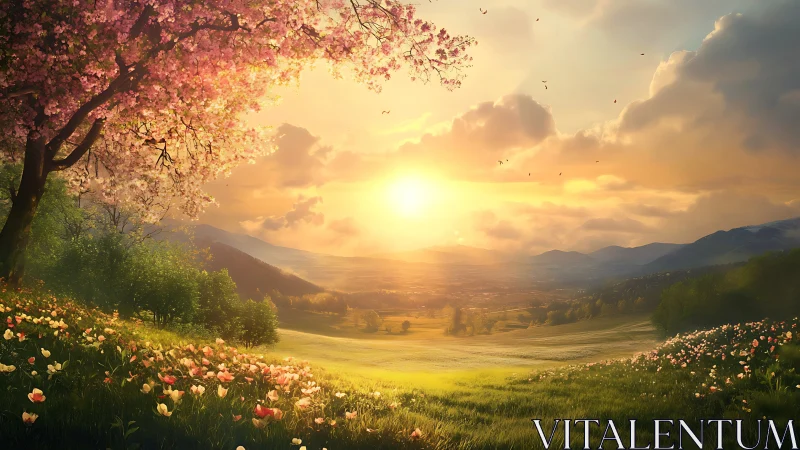 Sunlit valley landscape with blossoms and distant hills.