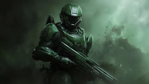 Armored sci fi trooper in atmospheric digital combat portrait.