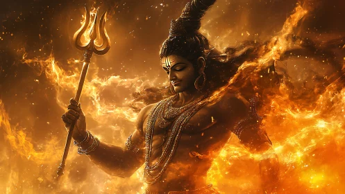 Hindu deity figure in fire-lit digital render holding trident.
