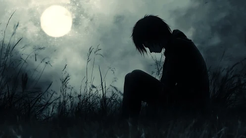 Solitary figure sits under a pale moon in a misty field