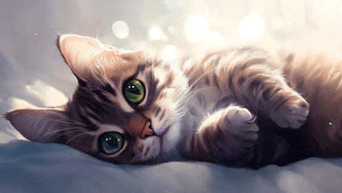 Tabby Cat Resting on Surface with Illuminated Background