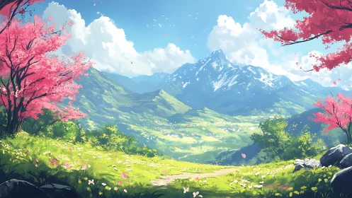 Blossoming valley meadow opens toward distant snowy peaks.