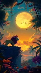 Regal stylized lion surveys tropical canyon under oversized moon