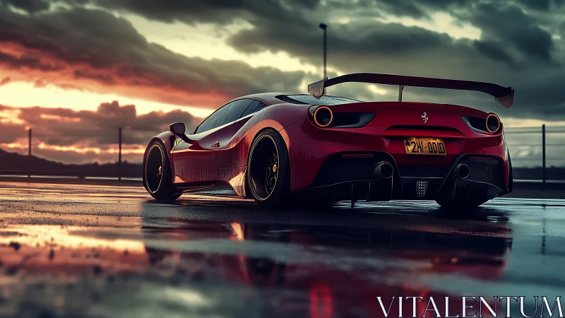 Red sports car on wet track at dramatic sunset.