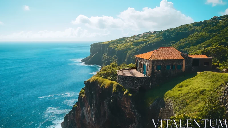 Clifftop Stone Chapel Overlooking Turquoise Coastal Waters