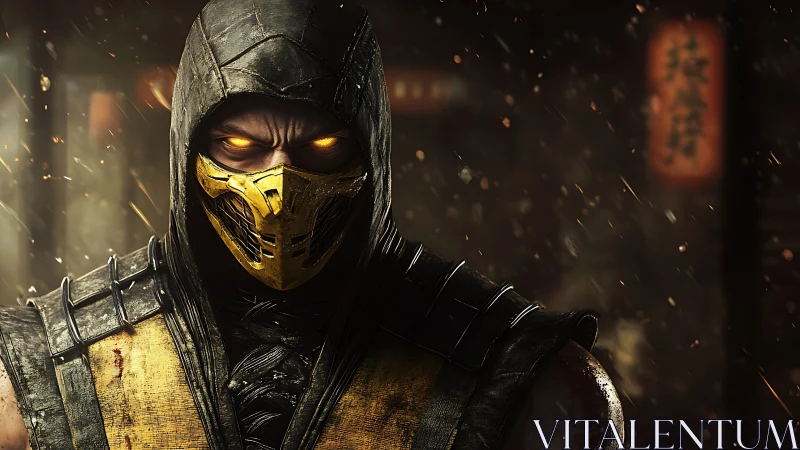 Hooded armored fighter with glowing eyes under dynamic sparks lighting