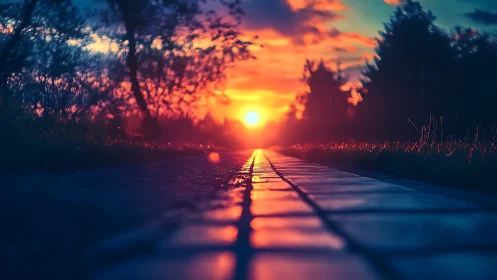 Low-angle sunset pathway captures saturated bokeh landscape