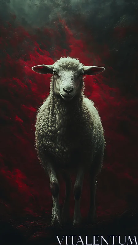 Solitary white sheep stands against dramatic crimson storm.