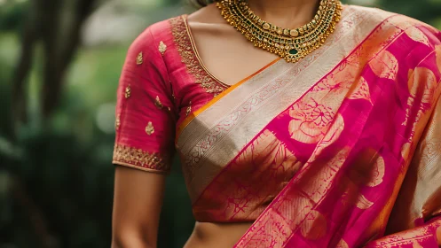 Silk saree drapes over gold blouse with temple jewelry.