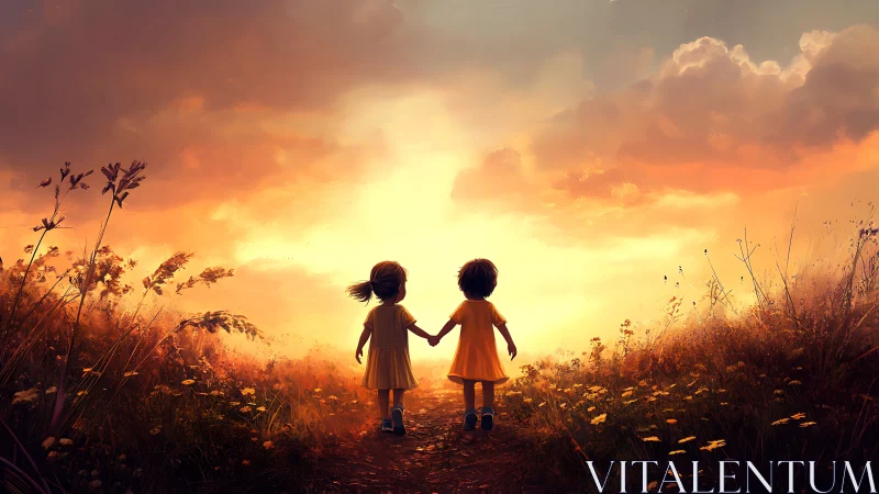 Children Silhouettes at Sunset: Golden Hour Meadow Path.