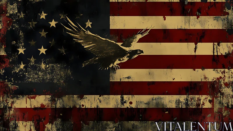 Distressed American flag with soaring eagle silhouette graphic.