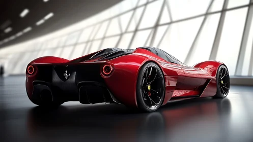 Red futuristic supercar showcases sculpted rear aerodynamics