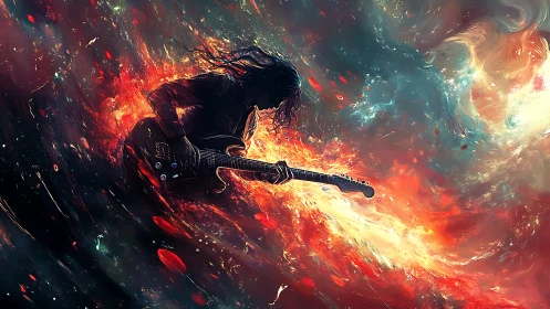 Cosmic guitarist riding a fiery wave of swirling stardust.