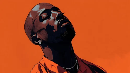 Profile portrait of man against solid orange background.