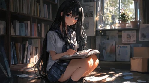 Soft backlit anime student studies in sunlit library interior