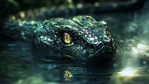 Gleaming emerald snake glides calmly through soft jungle water