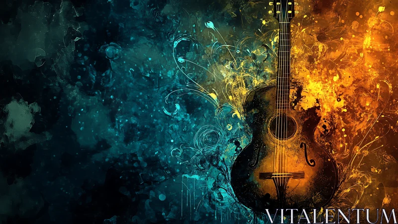Guitar engulfed in swirling teal and amber abstract fire.