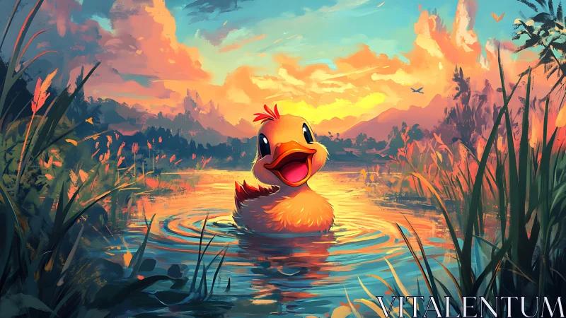Cheerful duckling swims through glowing sunset wetland