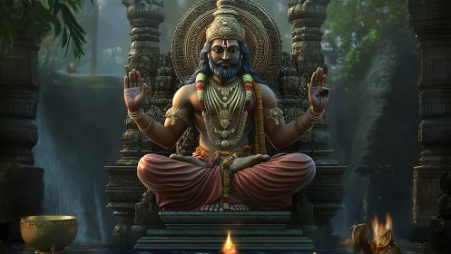 Serene seated deity statue in detailed stone temple shrine.