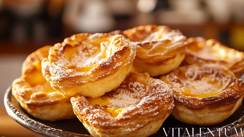 Golden custard tarts crowned in powdered sugar glow.