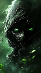 Hooded forest wraith with glowing green eyes emerges