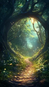 Enchanted Forest Path Glowing with Golden Magical Light