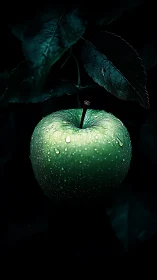 Midnight orchard apple glows with cold emerald droplets