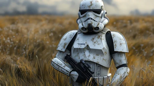 Armored sci-fi soldier stands in weathered field with blaster
