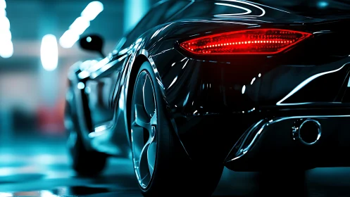 Sports car rear view shows glossy bodywork and lit brake lamp