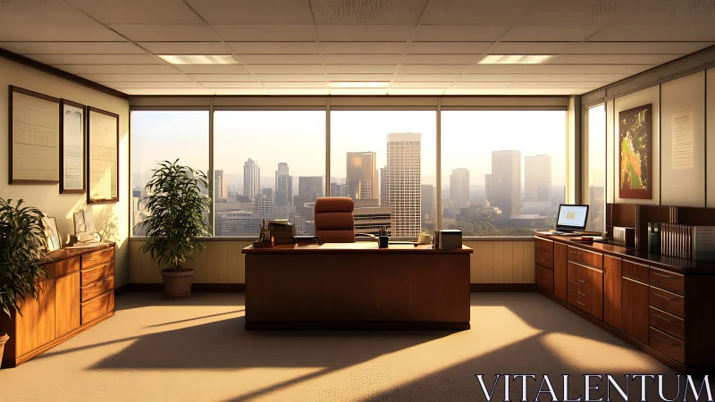 Sunlit corner office throne above a glowing cityscape.