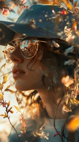 Woman in cap with mirrored sunglasses among flowering branches.