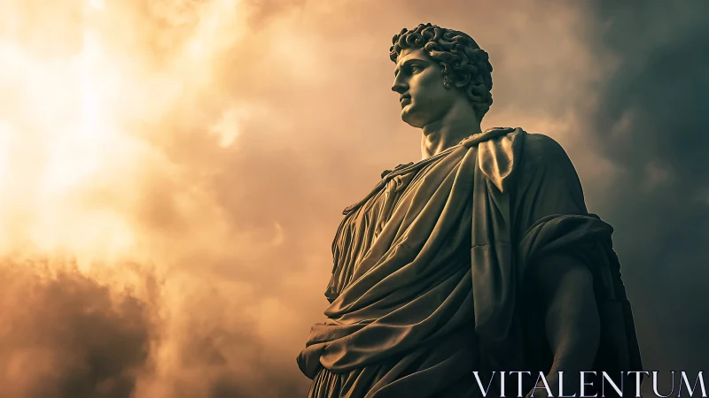 Neoclassical marble statue under storm-lit golden sky.