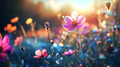 Golden Hour Cosmos Blooming With Pink Flowers.