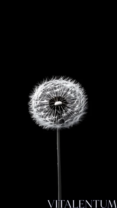 Dandelion seed head isolated on stark black background.