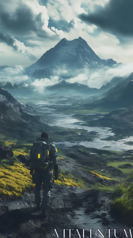 Solitary explorer crossing mossy valley toward distant peak.