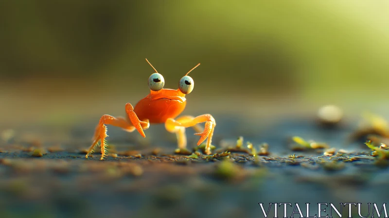 Macro render of stylized orange crab with exaggerated eyes.
