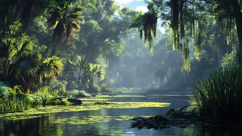 Lush jungle river invites quiet moments of sunlight and mist