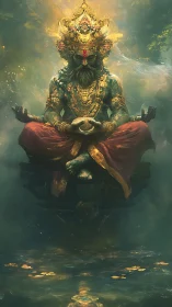 Mystic gold-crowned deity levitates above reflective water