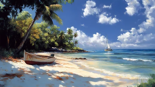 Beached rowboat listens quietly as the distant sailboat whispers