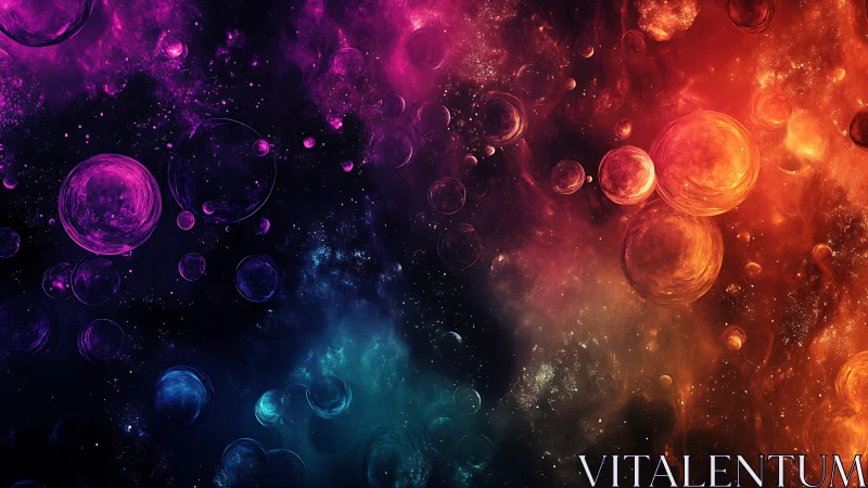 Nebular spheres drift through tri-color cosmic gradient field.