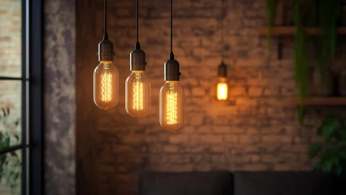 Hanging filament bulbs in front of brick interior wall.