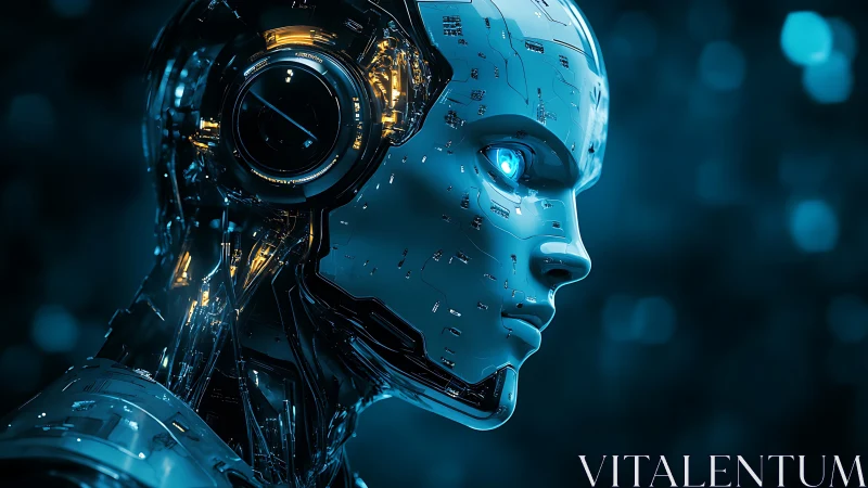 Cyberpunk chrome android portrait in luminous profile view.