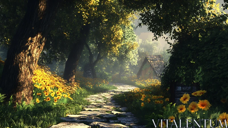 Sunlit stone path winding toward rustic woodland cottages.