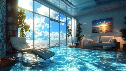 Sunlit ocean lounge where living room melts into pool.