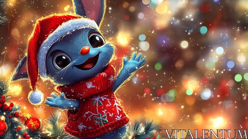 Joyful blue bunny sharing cozy Christmas cheer.