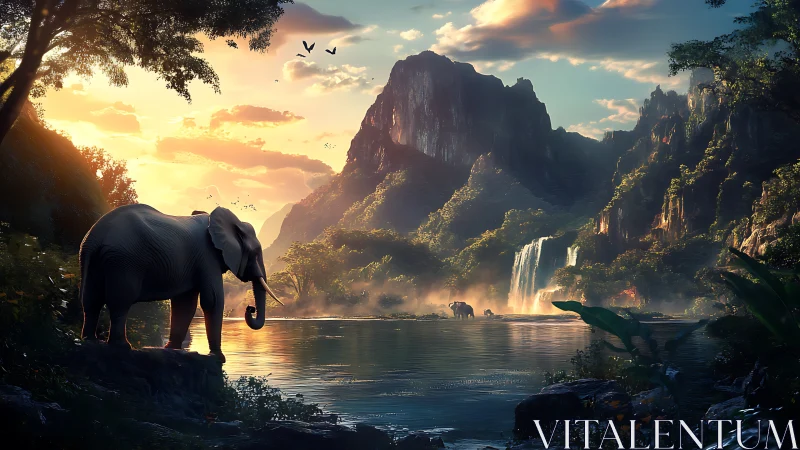 Sunlit elephant surveys misted valley with cascading waterfalls