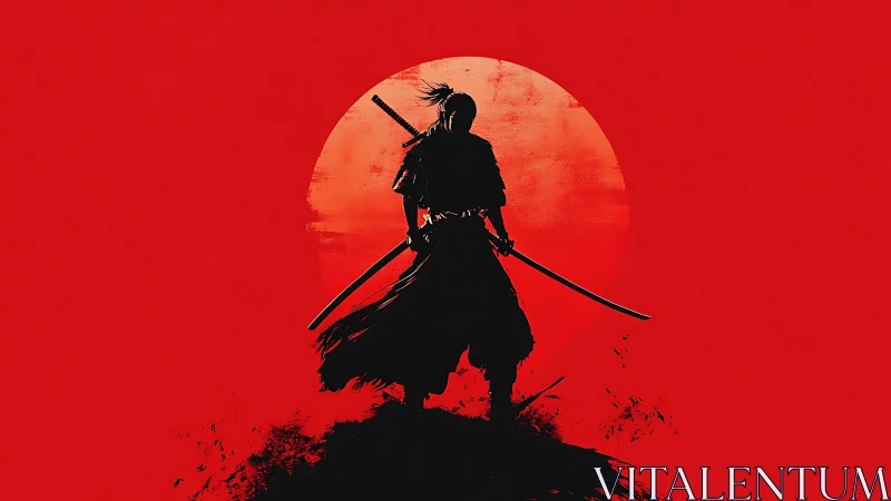 Samurai silhouette stands before large red rising sun