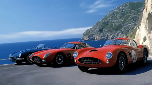 Classic sports cars line Mediterranean coastal cliff road.